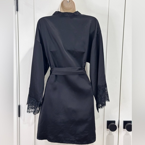 Ann Summers Black Satin Robe Wrap Mini Belted Lace Small Whimsigoth Romantic - Picture 3 of 11
